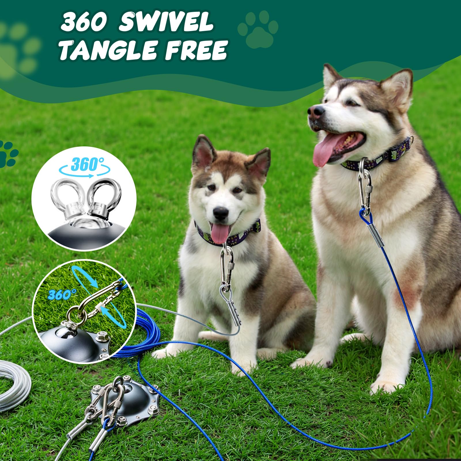 Dog Tie Out Cable And Stake, Dog Runner Leash For Yard Heavy Duty With Steel Wire Cable Leads 25Ft And Ground Anchors, 360 Swive